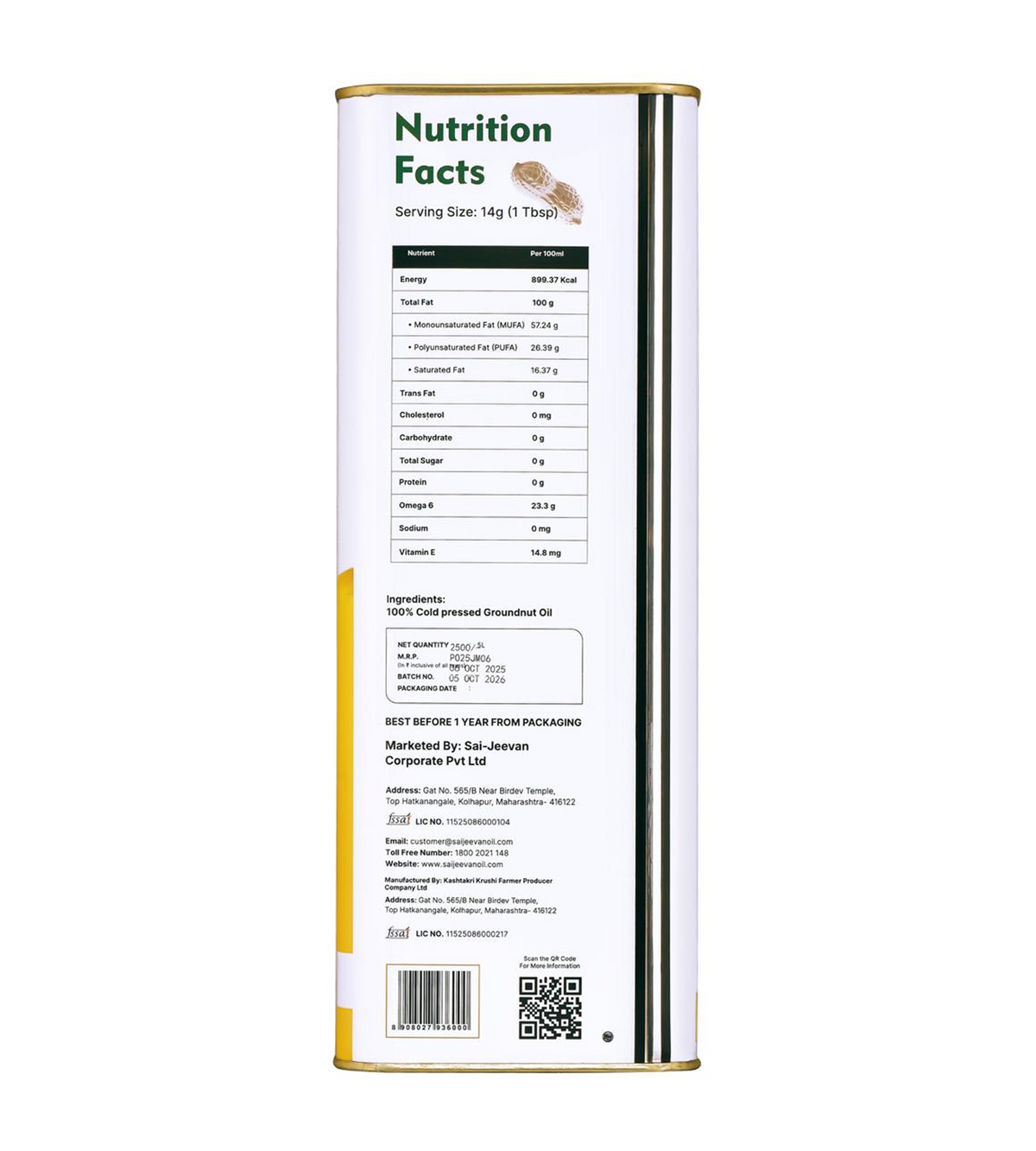Sai-Jeevan Naturally Cold Pressed Groundnut Oil 5L